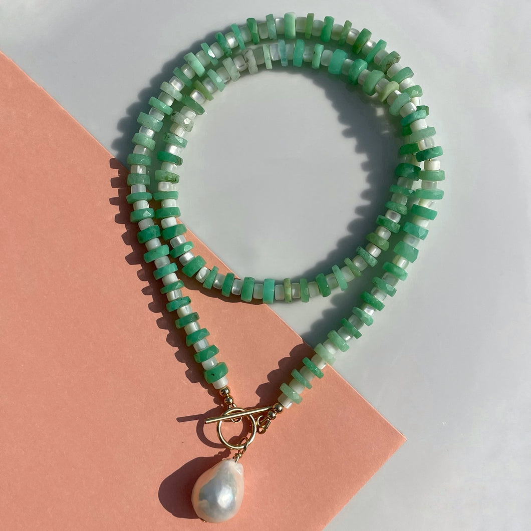 Chrysoprase, Mother-of-Pearl, and Baroque Pearl Necklace