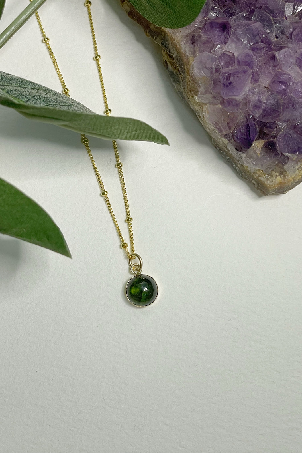 Green Tourmaline Charm Necklace - 8mm