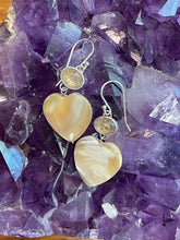 Load image into Gallery viewer, Golden Rutilated Quartz &amp; Mother of Pearl Heart Earrings
