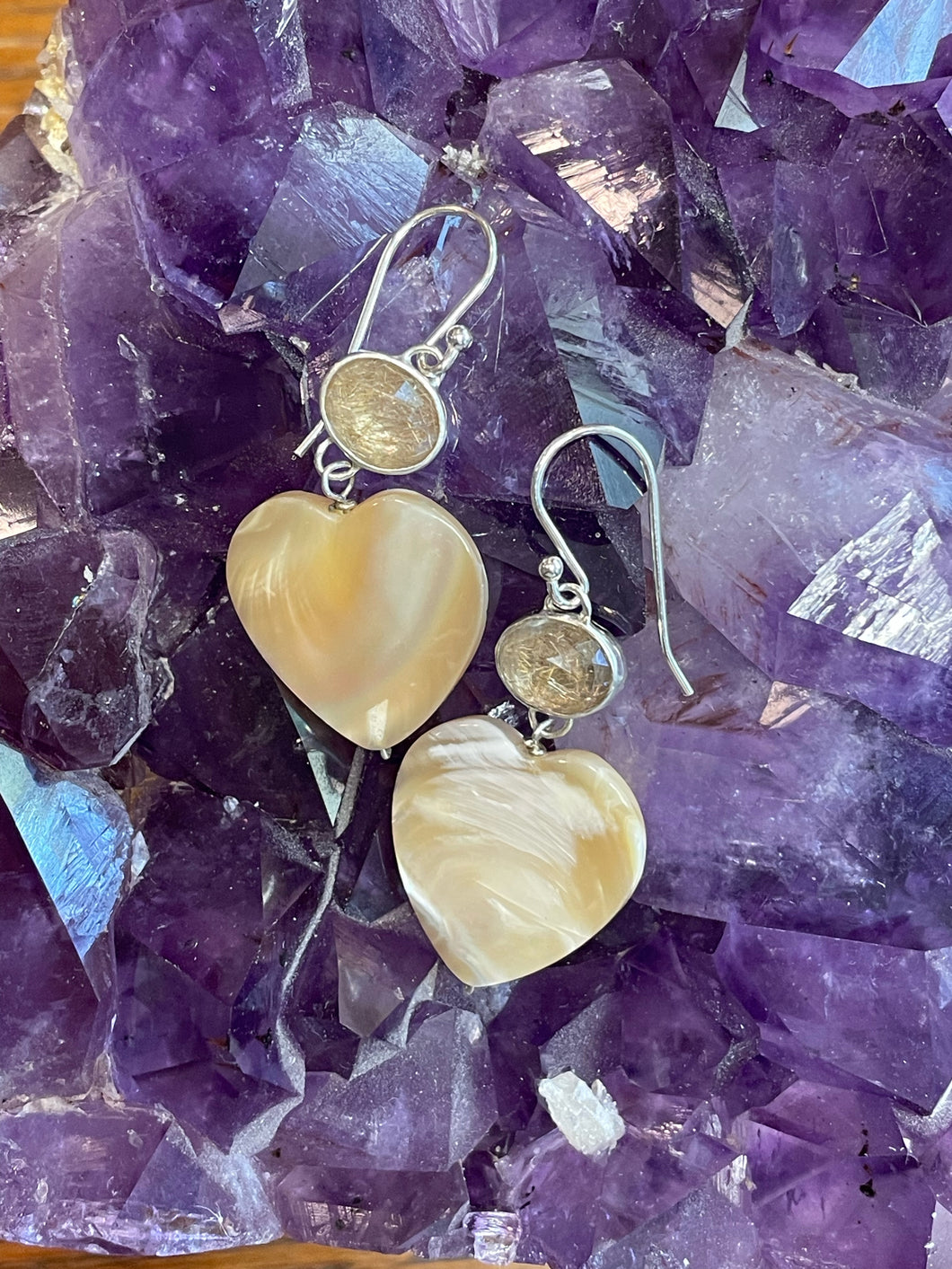 Golden Rutilated Quartz & Mother of Pearl Heart Earrings