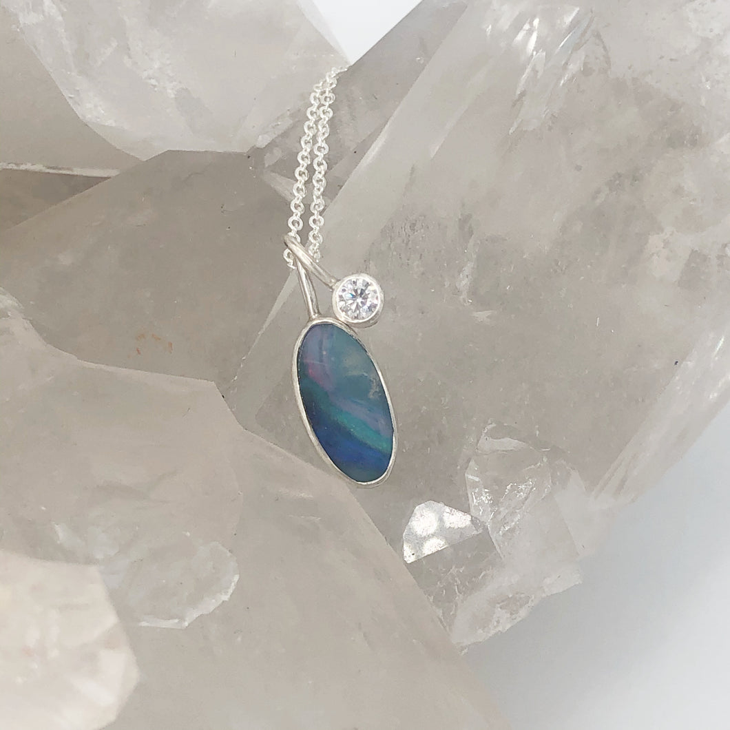 Delicate Boulder Opal and Moissanite Necklace